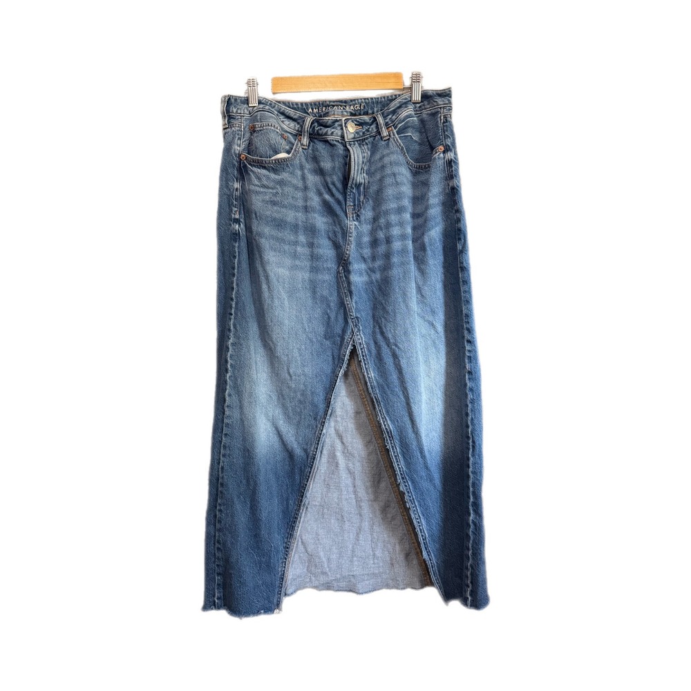 American Eagle Denim Maxi Skirt Womens 12 Blue Excellent Low Rise Front Slit